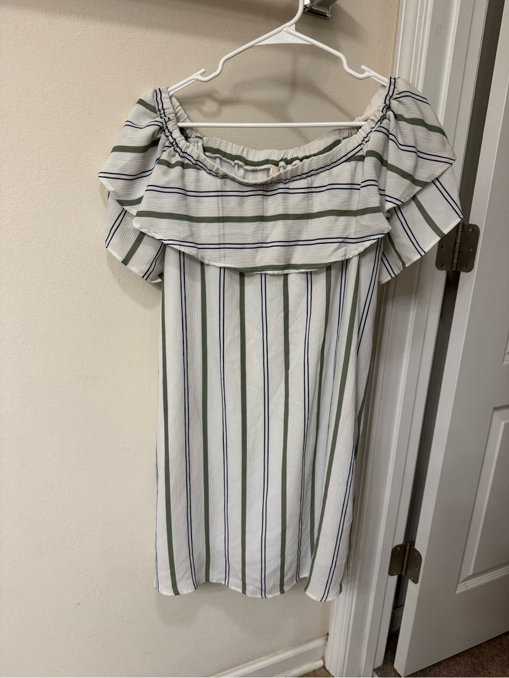Peppermint USA Off Shoulder Striped Dress White Green Blue Boho Large